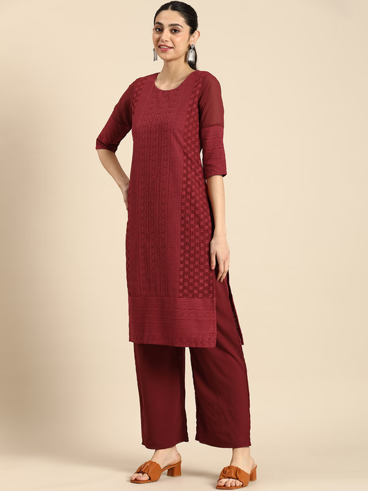 Ethnic Motifs Embroidered Chikankari Kurta With Palazzos