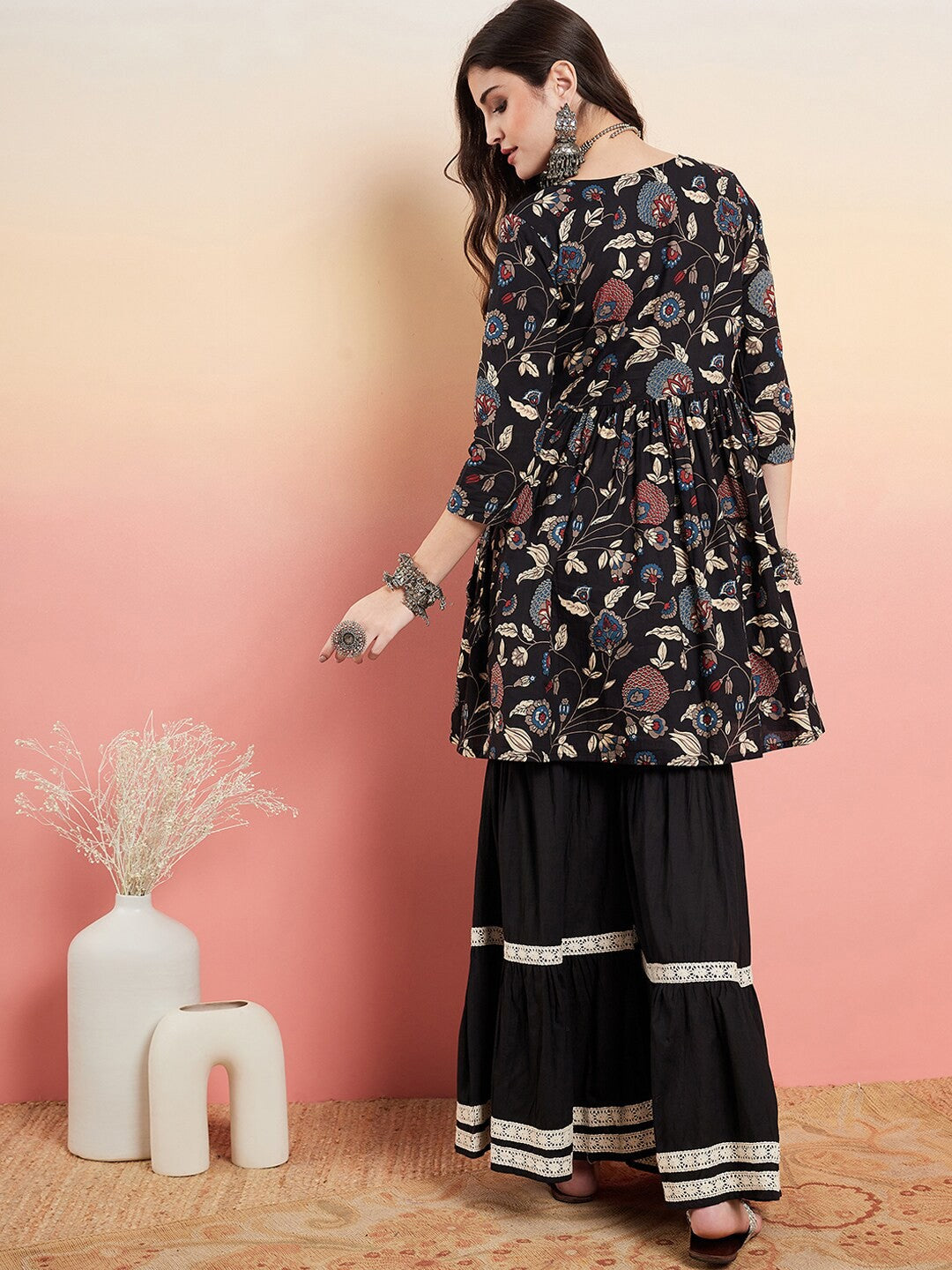 Floral Printed Pure Cotton Anarkali Kurti With Sharara