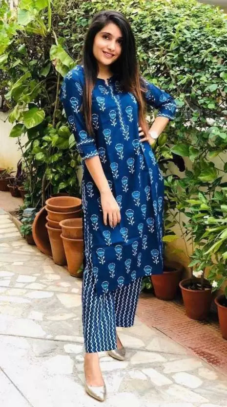 Women Blue Kurta and Pant Set Viscose Rayon