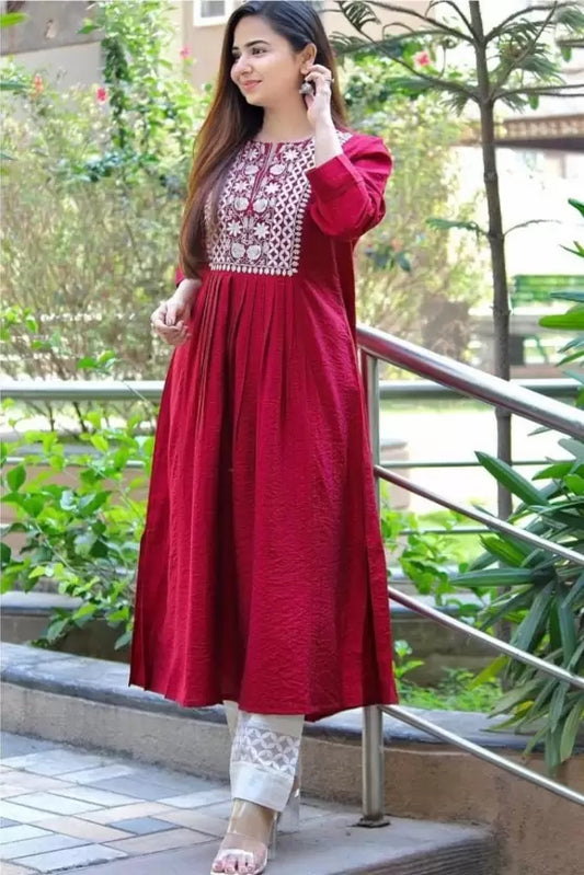 Women Maroon Embroidered Viscose Rayon Kurta and Pant Set