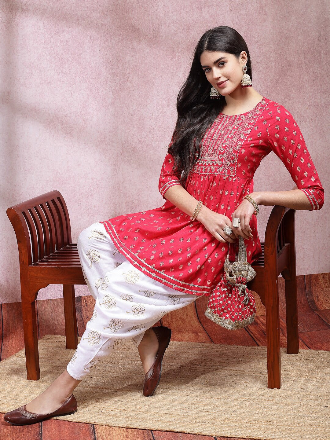 Pink Ethnic Motifs Printed & Embroidered Empire Anarkali Kurti With Dhoti Pant