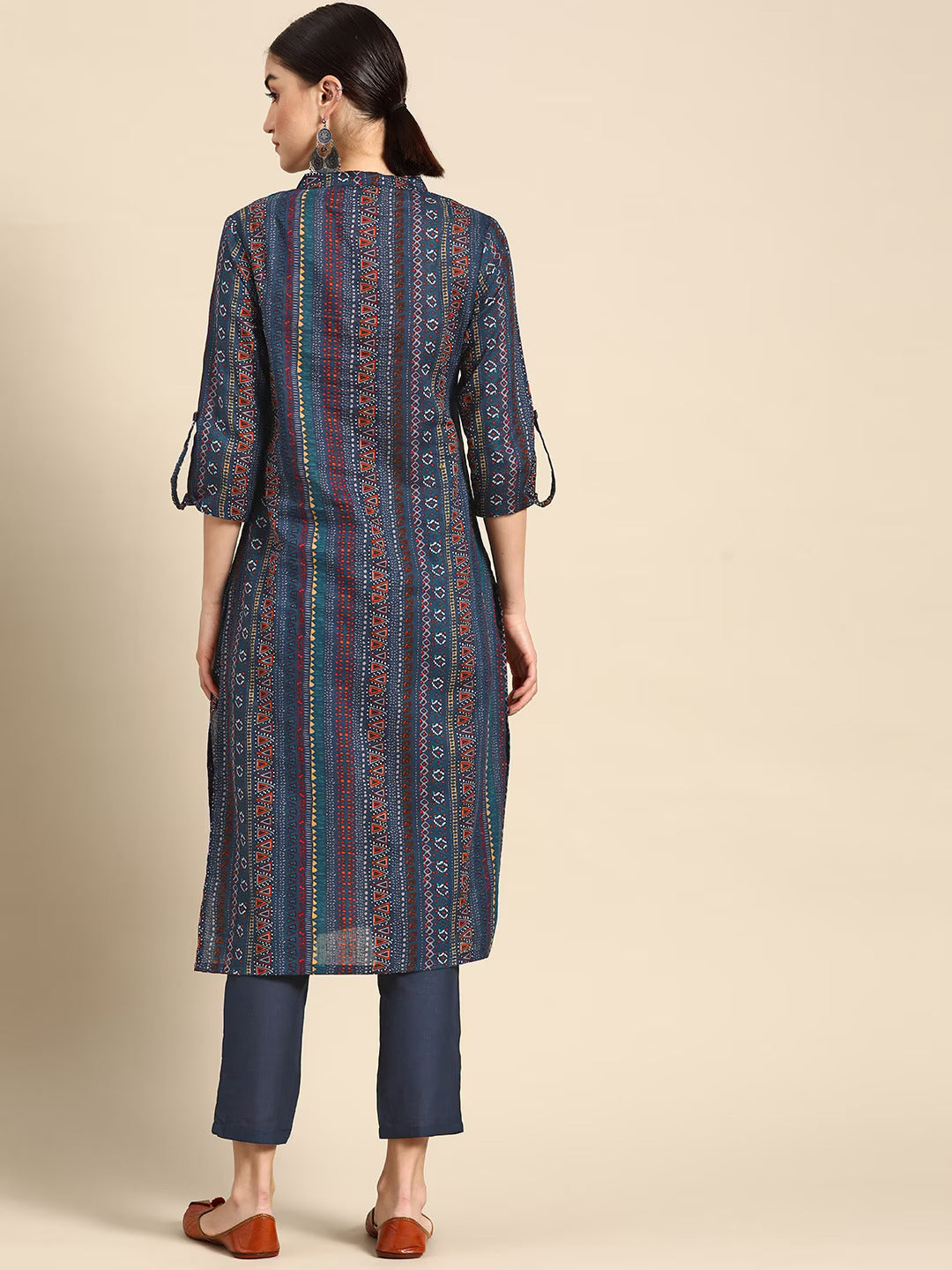 Women Navy Blue Printed Pure Cotton Kurta with Trousers