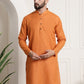 Men Orange Dobby Self-Checked Straight Kurta