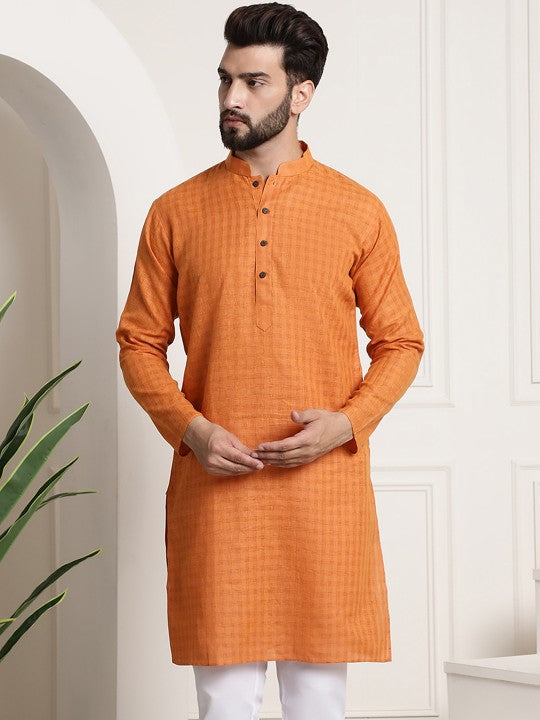 Men Orange Dobby Self-Checked Straight Kurta