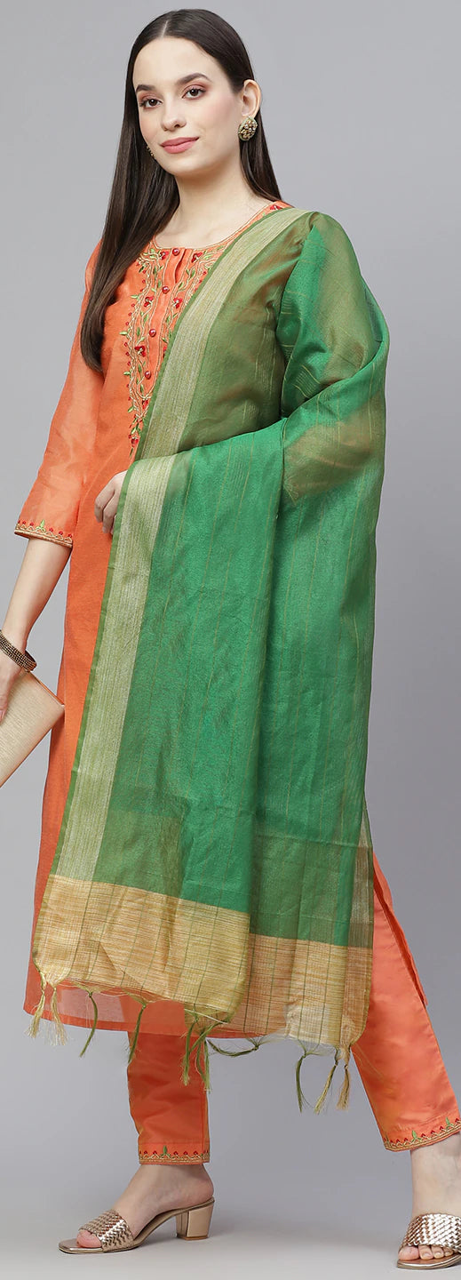 Women Orange & Green Ethnic Yoke Design Kurta with Trousers & With Dupatta