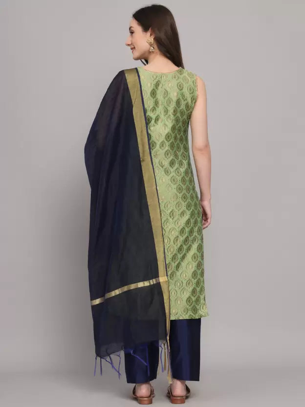 Women Green Cotton Silk Kurta Pant Dupatta Set