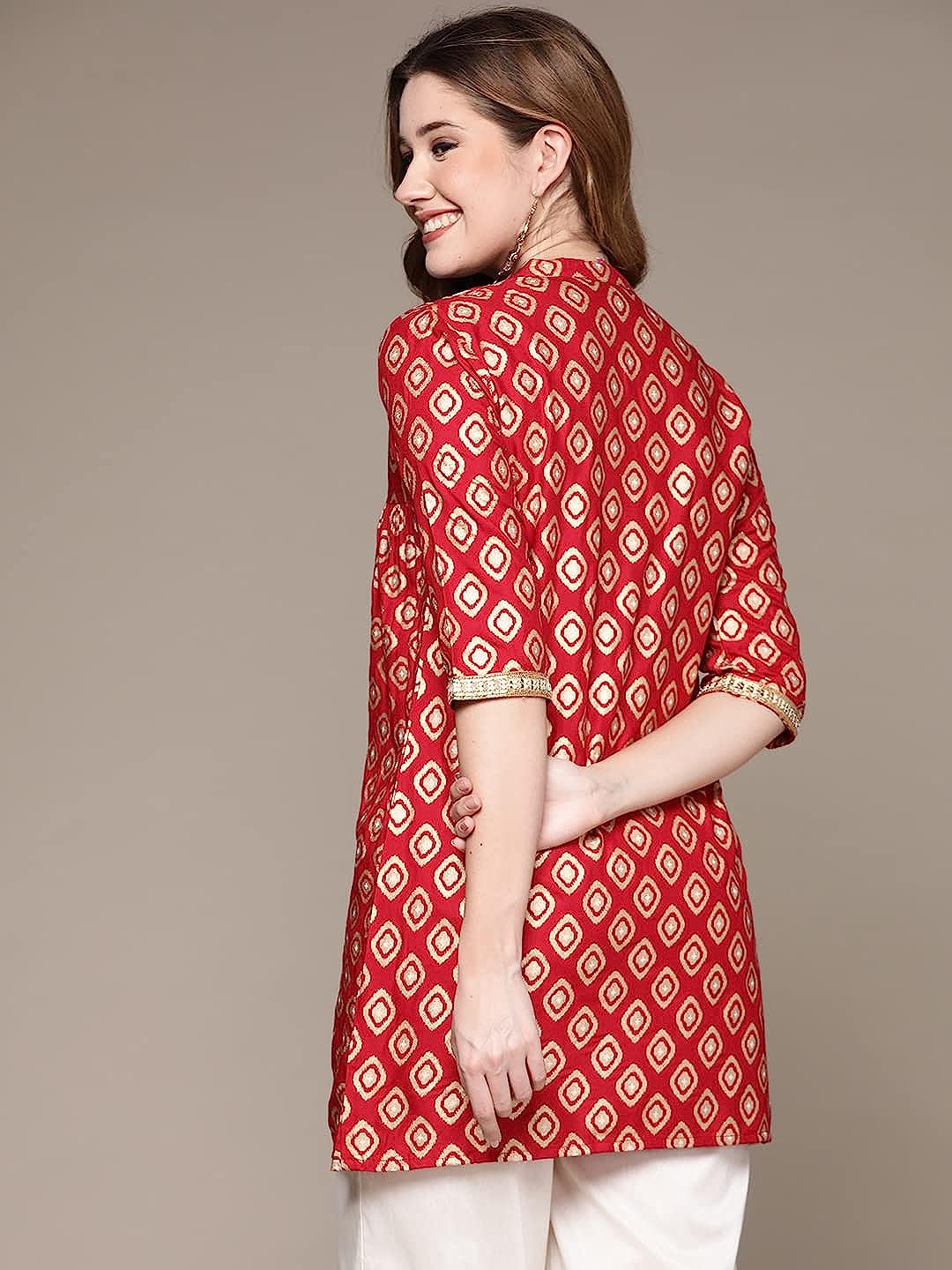 Red & Beige Geometric Printed Kurti