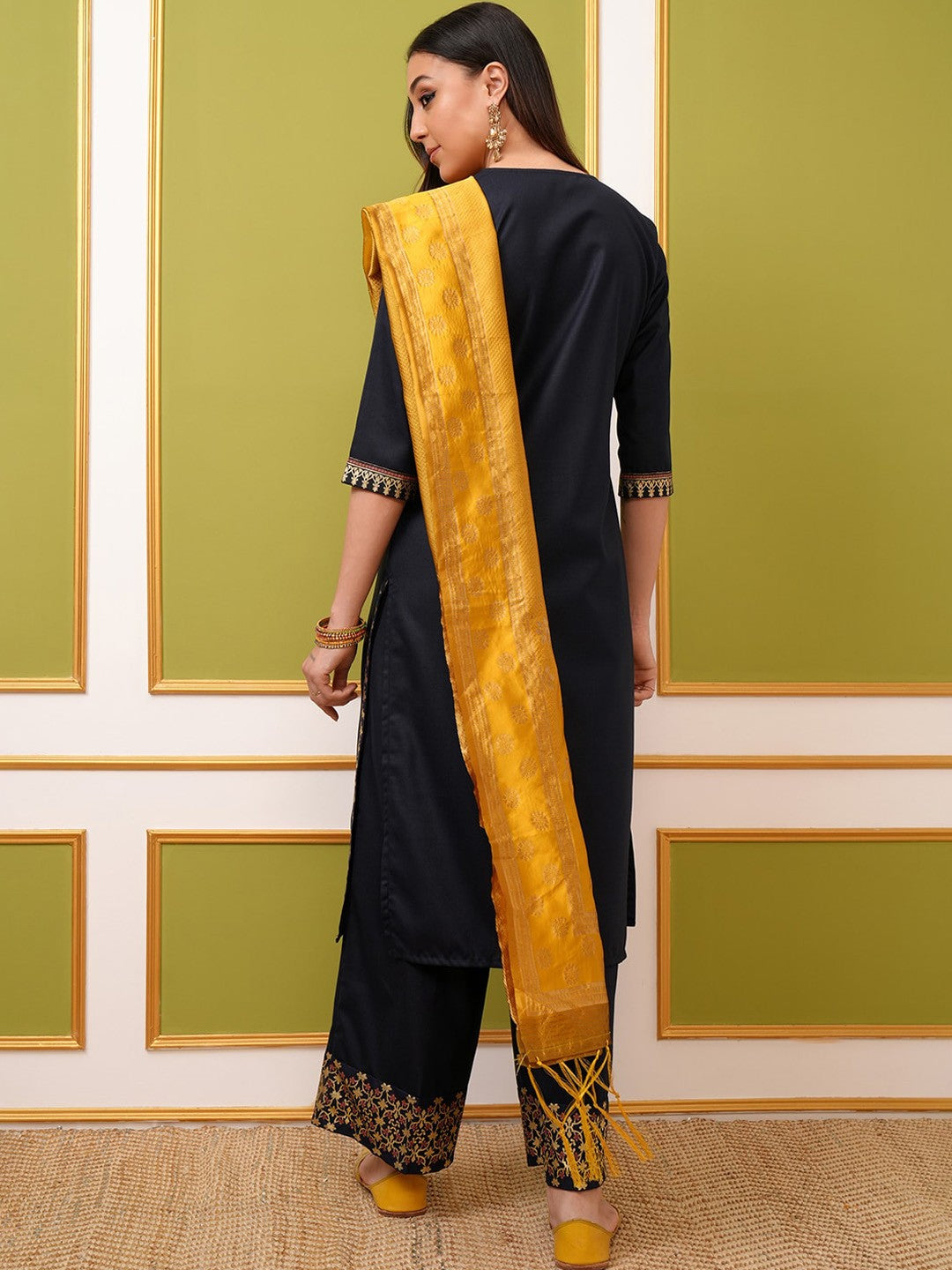 Navy Blue Ethnic Motifs Printed Regular Kurta With Palazzos & Dupatta