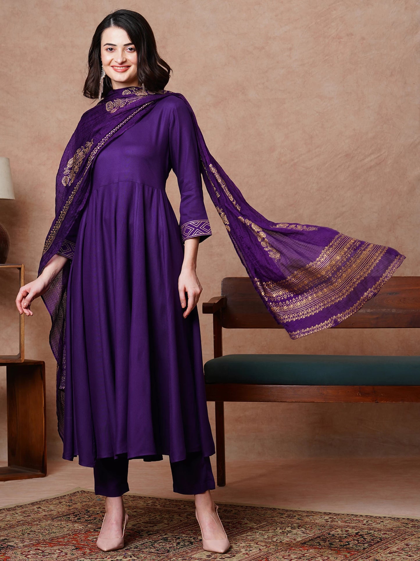 Women Purple Cotton Rayon Kurti Pant Set