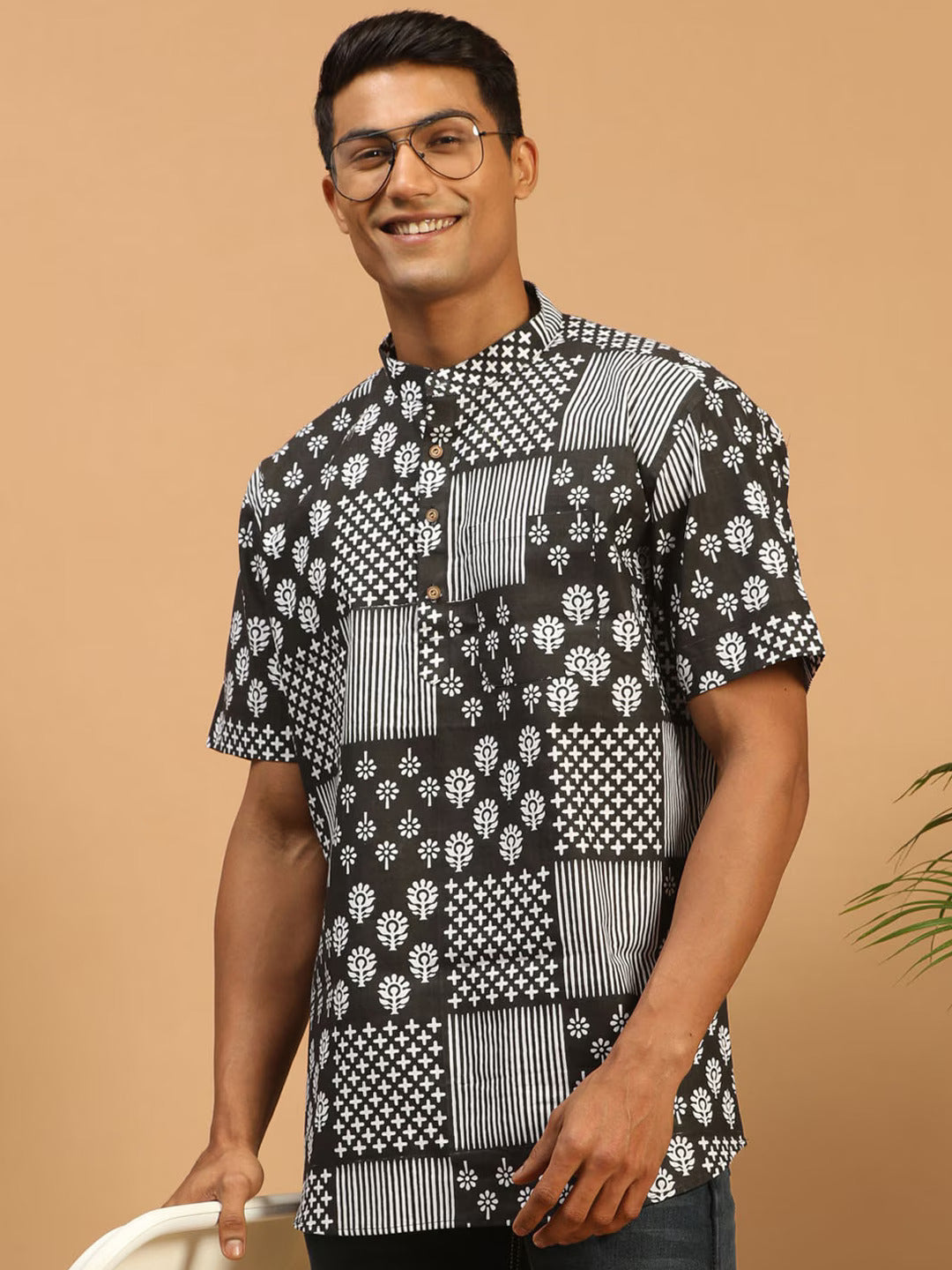 Band Collar Floral Printed Cotton Sustainable Kurta