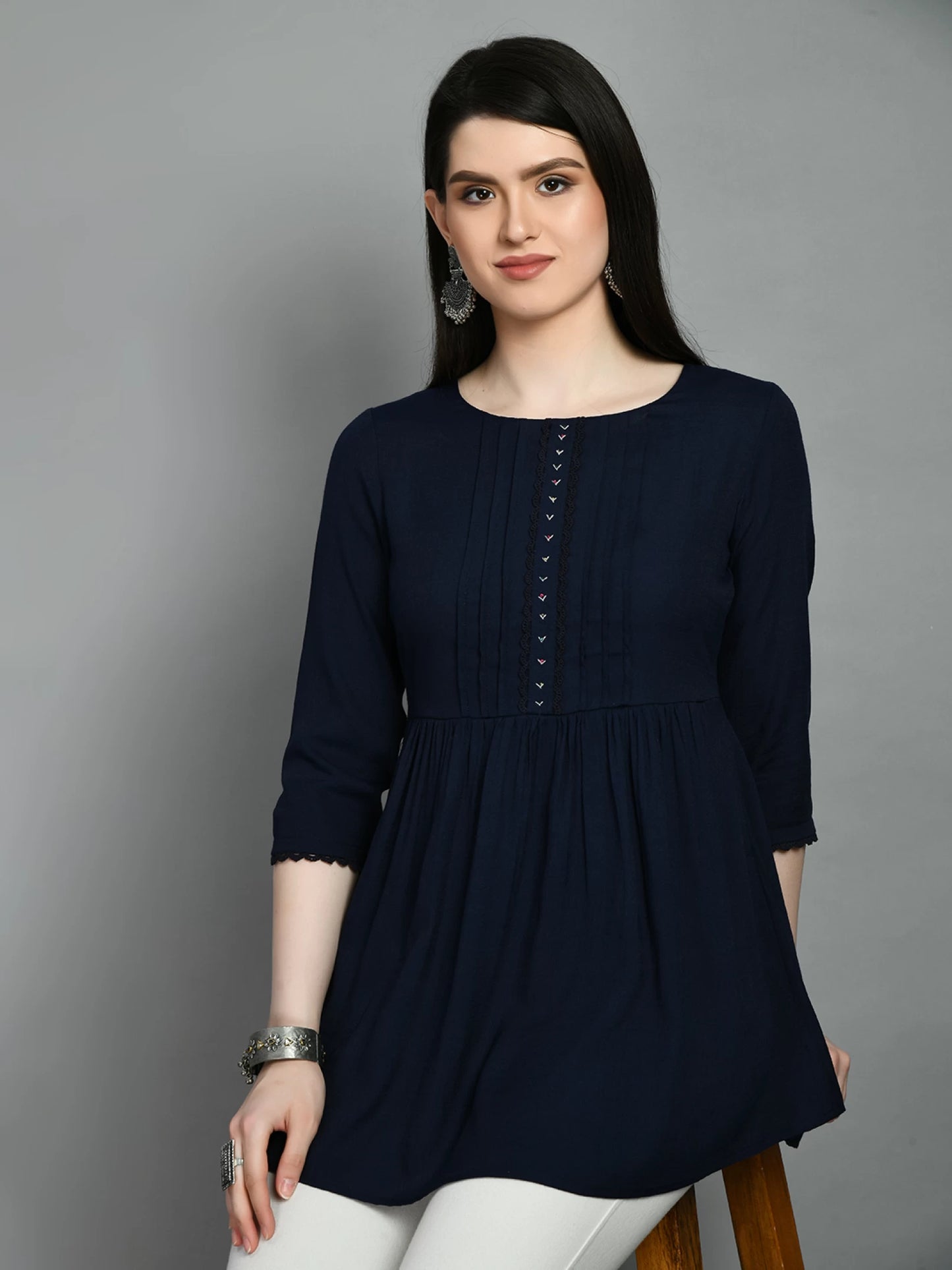 Casual Regular Sleeves Solid Women Dark Blue Top