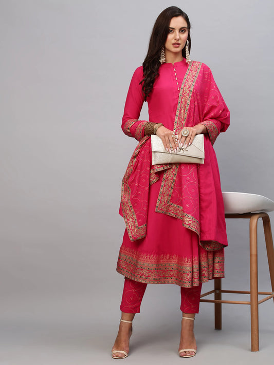 Women Pink Cotton Blend Kurti Pant Dupatta Set