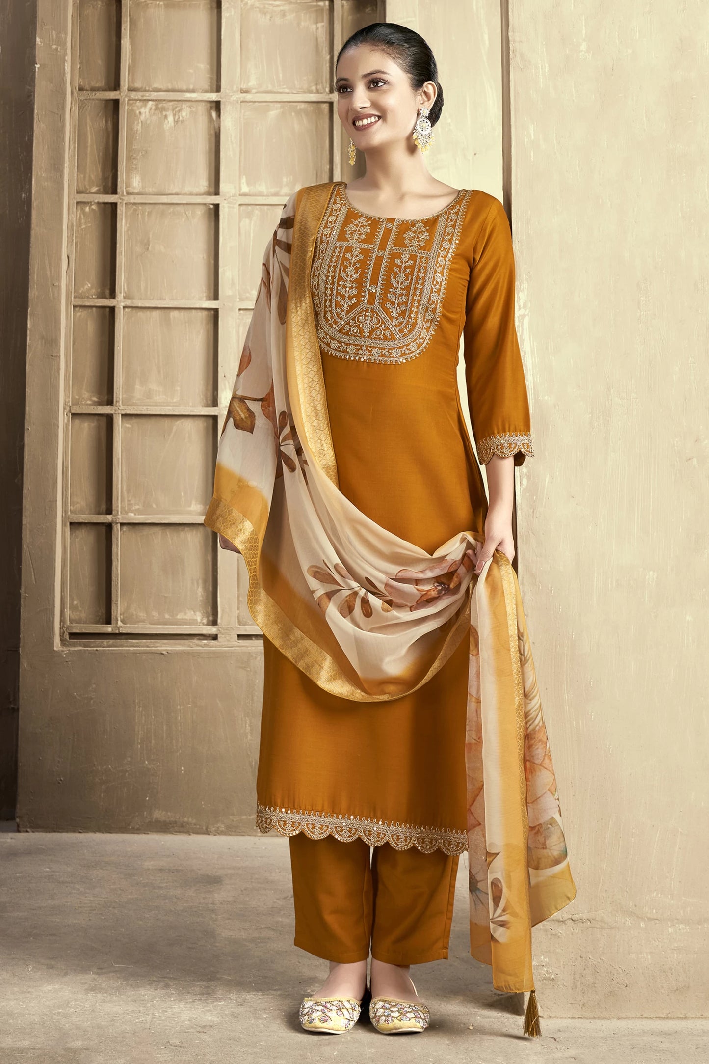 Women Mustard Silk Blend Kurta Pant Dupatta Set