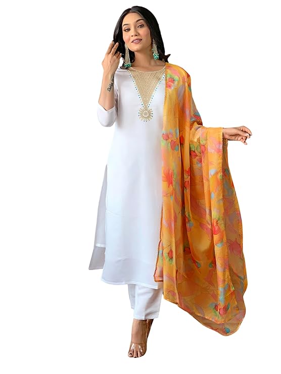 Women's Offwhite Rayon Blend Embroidered A-line Kurta with Rayon Blend Pant and Organza Printed Dupatta Sets