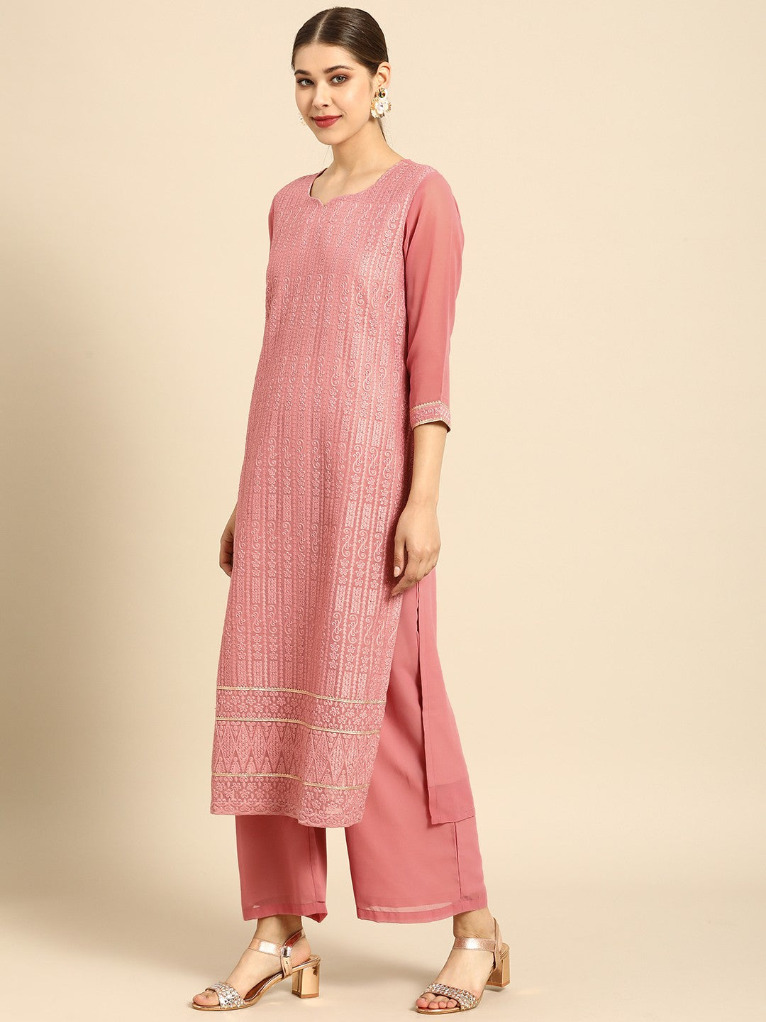 Women Pink Ethnic Motifs Embroidered Sequinned Kurta with Palazzos & Dupatta