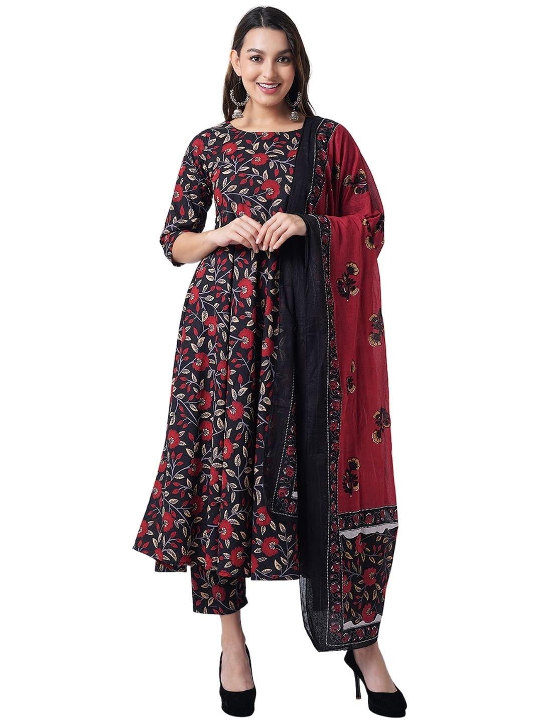 Women's Rayon Printed Black Anarkali Kurta with Palazzos Pants and Dupatta Set