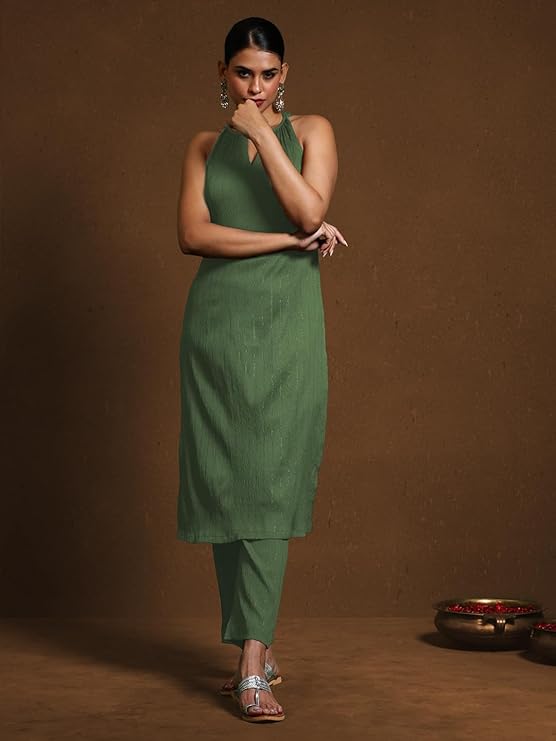 Women Striped Regular Sequinned Kurta with Trousers