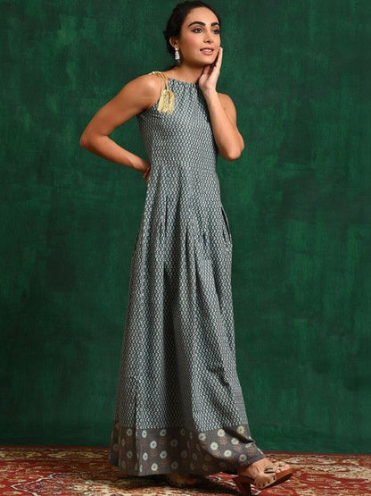 Printed Cotton Round Neck A-Line Maxi Dress