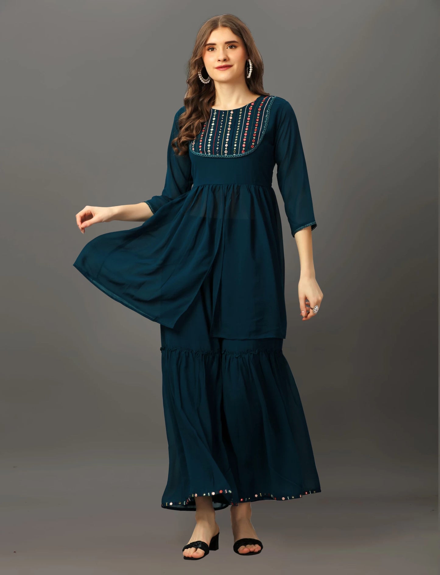 Women Teal Georgette Kurta Sharara Set