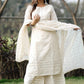 Women Off White Floral Mirror detail Cotton Straight Kurta & Palazzos with Dupatta