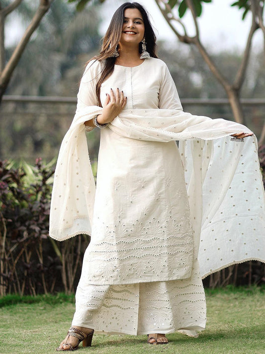 Women Off White Floral Mirror detail Cotton Straight Kurta & Palazzos with Dupatta