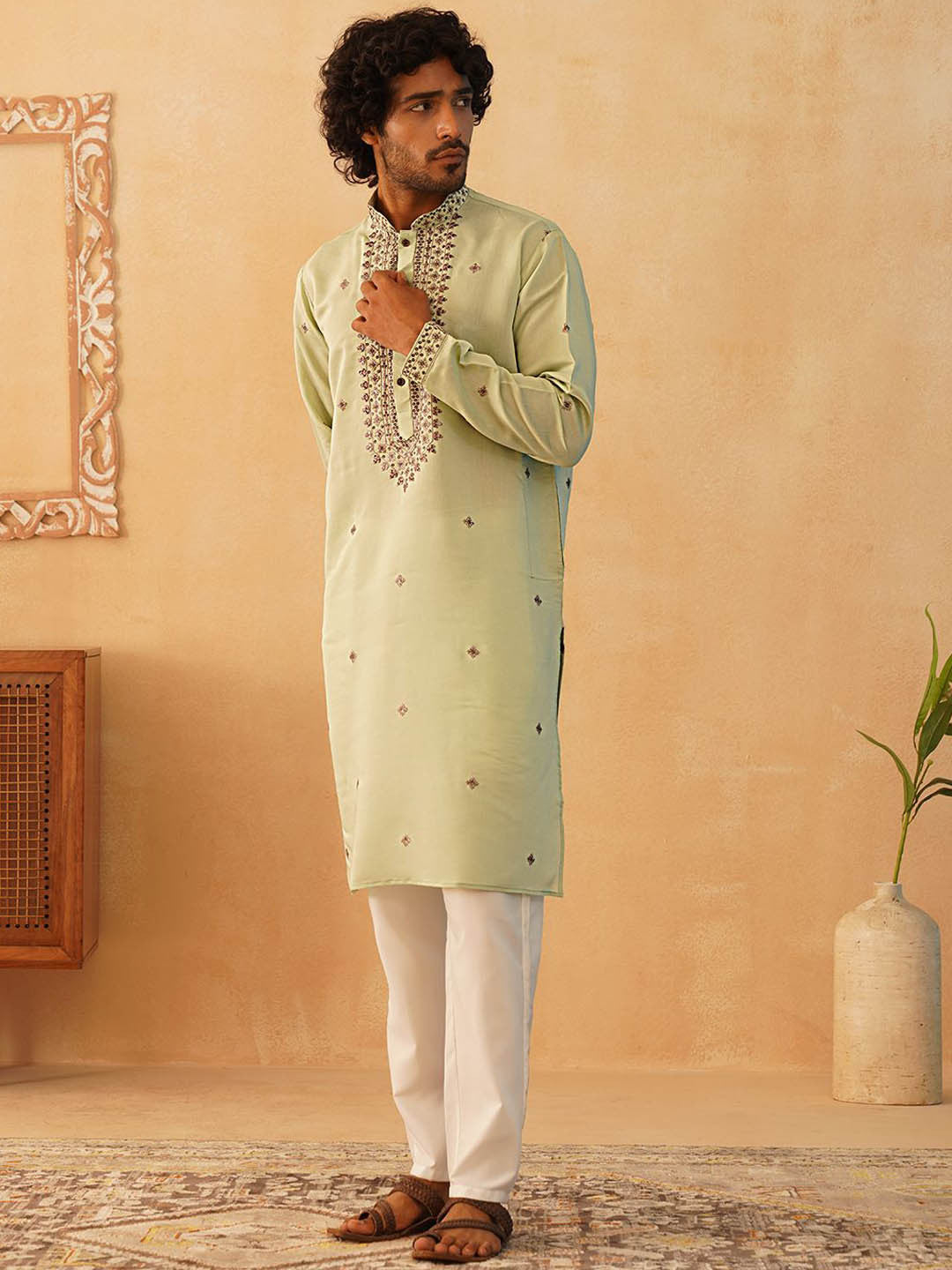 Men Silk Blend Embroidered Sequin Straight Republic Day Kurta with Pyjamas