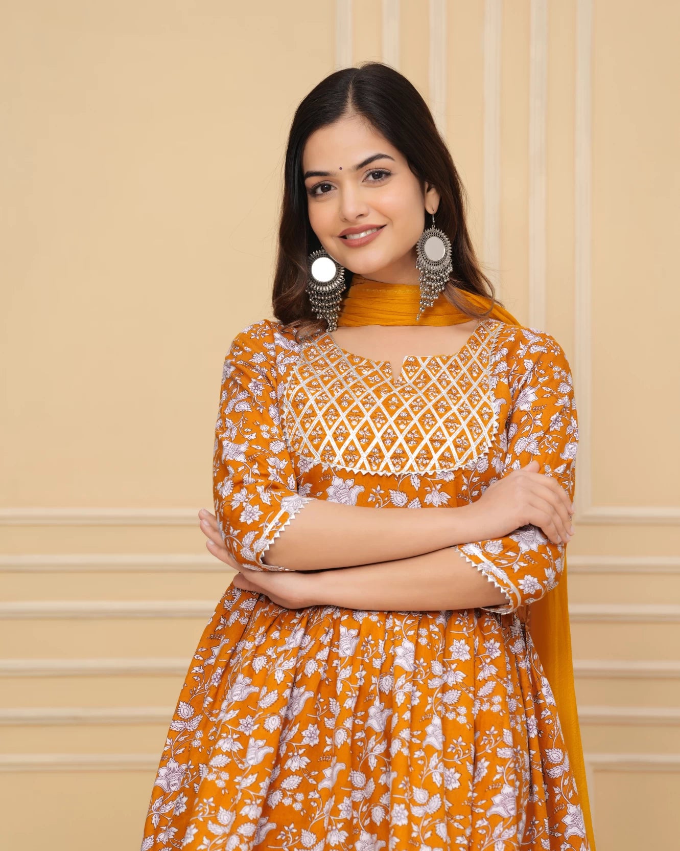 Women Mustard-Orange Cotton Rayon Kurta Sharara Dupatta Set