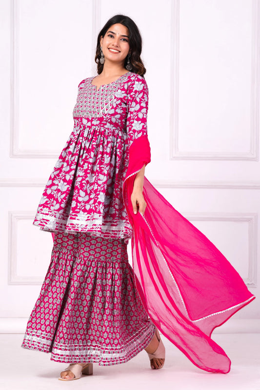 Women Pink Cotton Rayon Kurta Sharara Dupatta Set