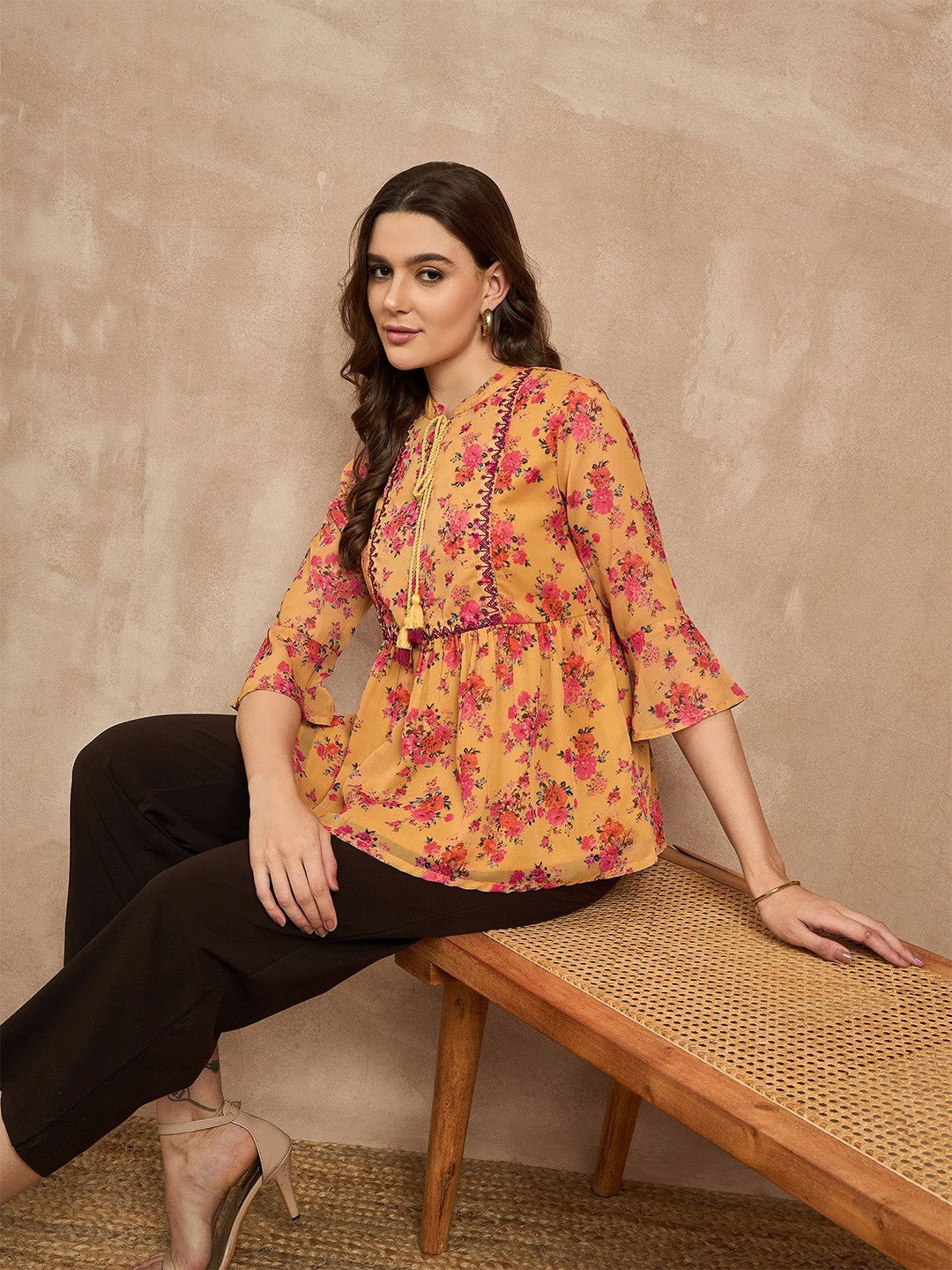 Women Floral Embroidered Cinched Waist Top