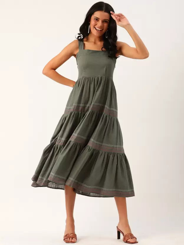 Women A-line Dark Green Dress