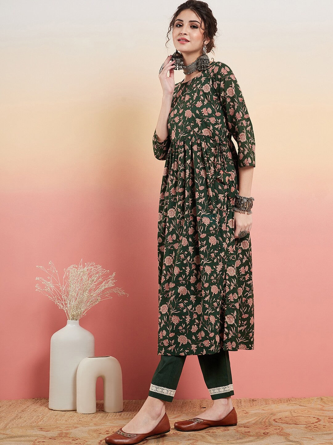 Green Floral Printed Pure Cotton Anarkali Kurta With Trousers