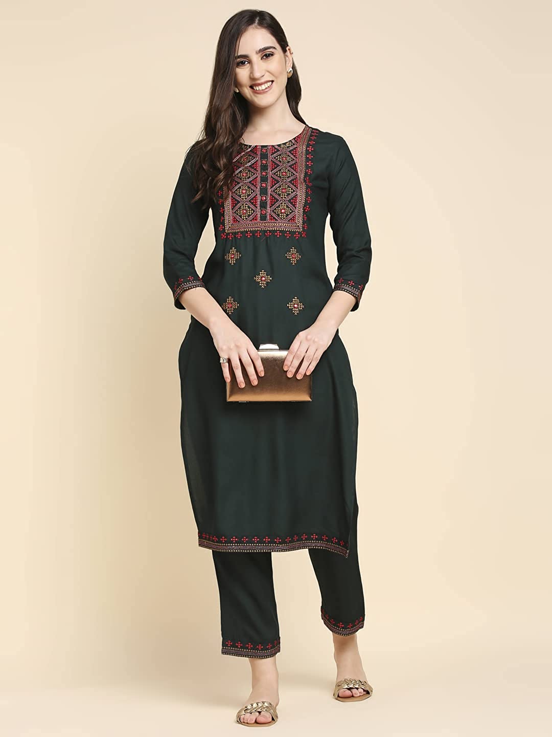 Women's Green & Beige Embroidered Straight Kurta with Palazzo