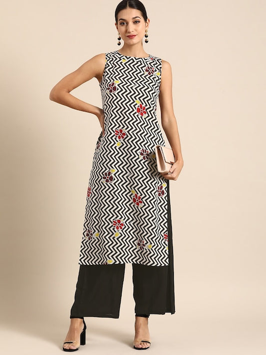 Women Black & White Chevron & Floral Print Pure Cotton Kurta with Palazzos