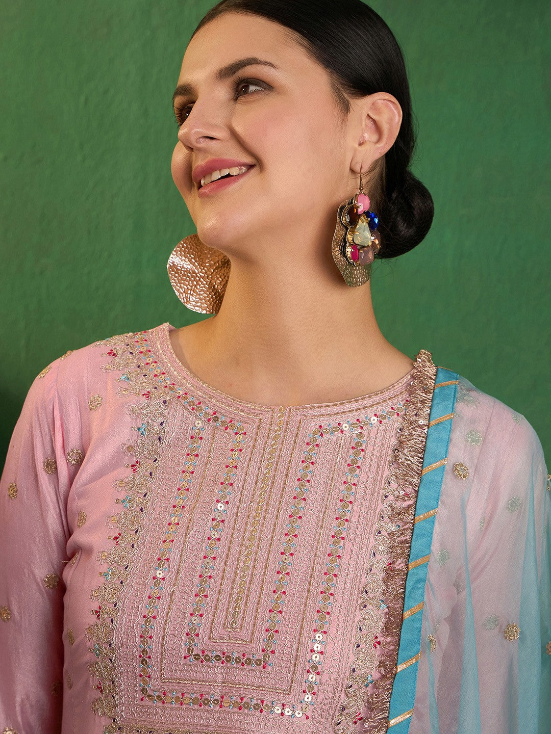 Sequin Embroidered Straight Kurta With Trouser & Dupatta