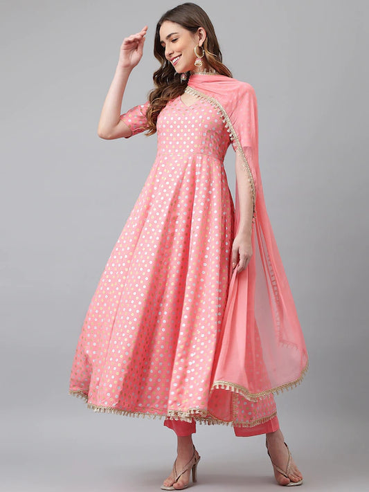 Women Pink Printed Empire Kurta with Trousers & With Dupatta