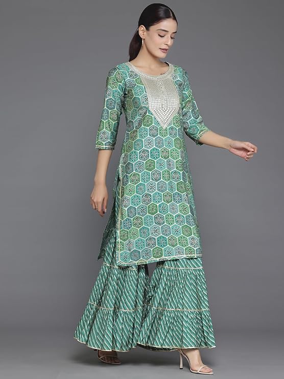 Floral Printed Round Neck Three-Quarter Sleeves Sequinned Kurta Set