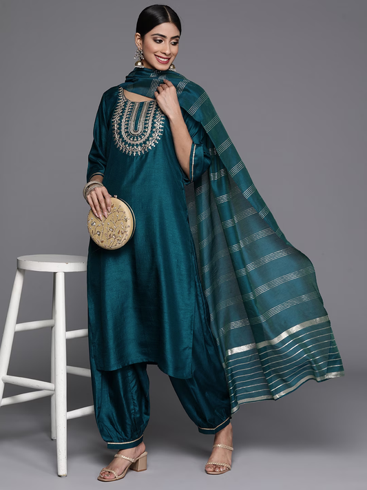 Ethnic Motifs Yoke Design Zari Kurta With Salwar & Dupatta