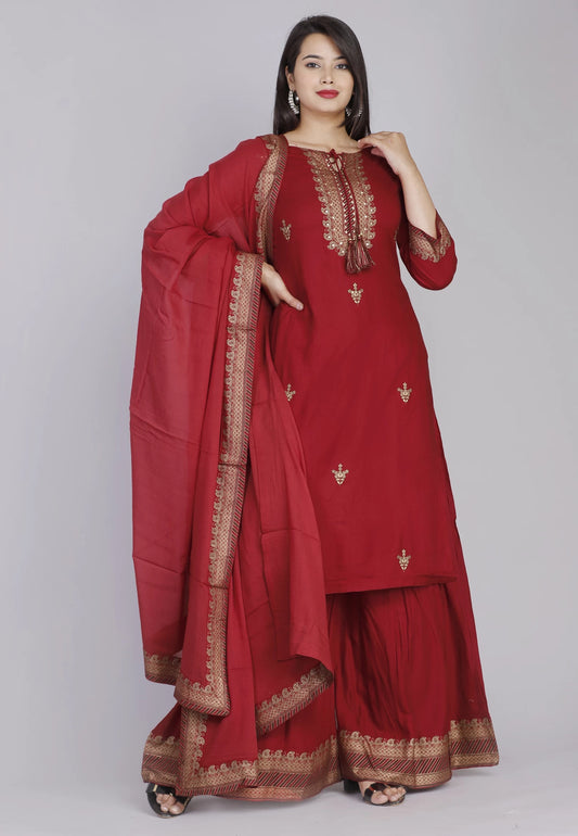 Women Red Viscose Rayon Kurti Palazzo Dupatta Set