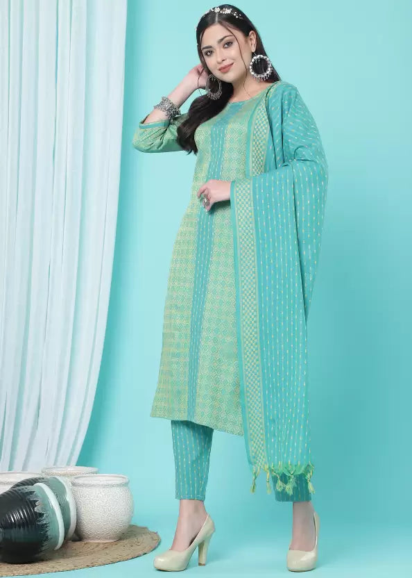 Women Green Cotton Blend Kurti Pant Dupatta Set