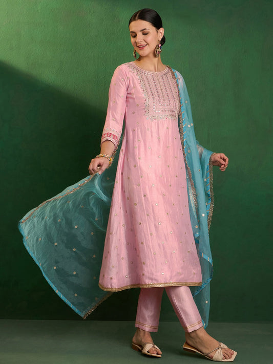 Sequin Embroidered Straight Kurta With Trouser & Dupatta