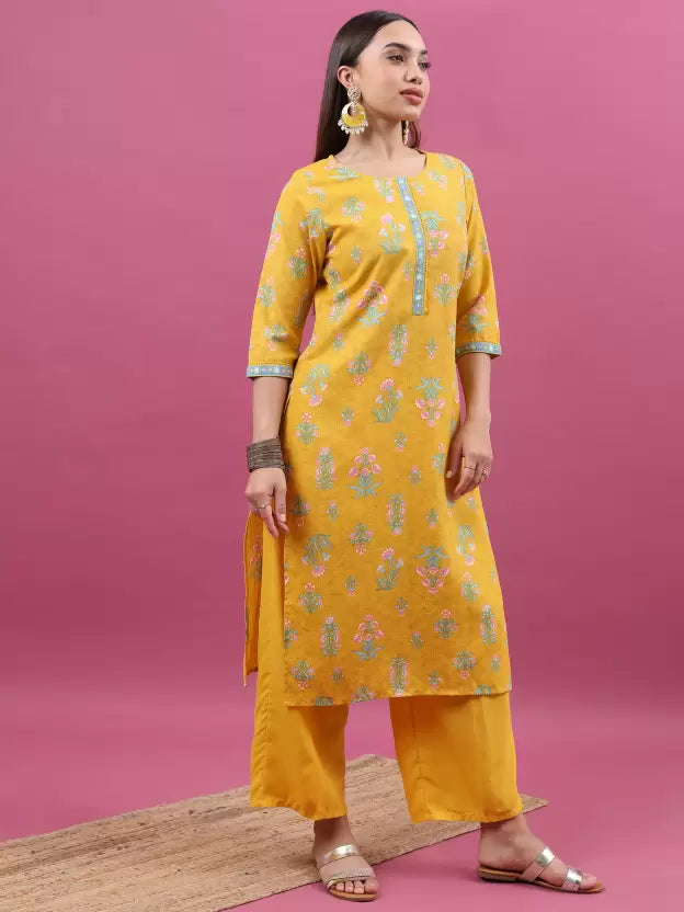 Women Cotton Blend Kurta Palazzo Dupatta Set