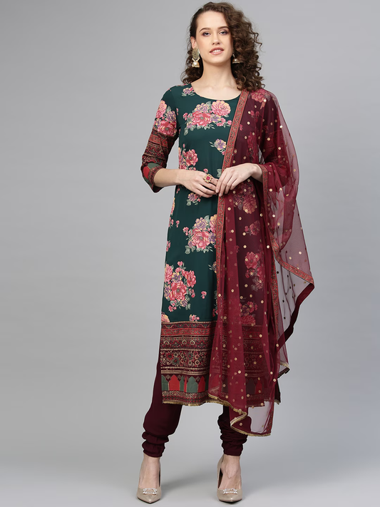 Women Green & Burgundy Printed Kurta with Churidar & Dupatta