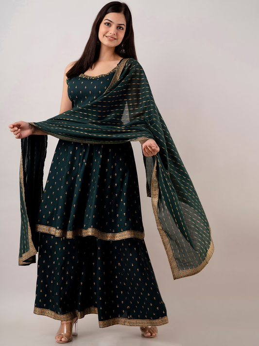 Women Floral Embroidered Kurta With Sharara & Dupatta