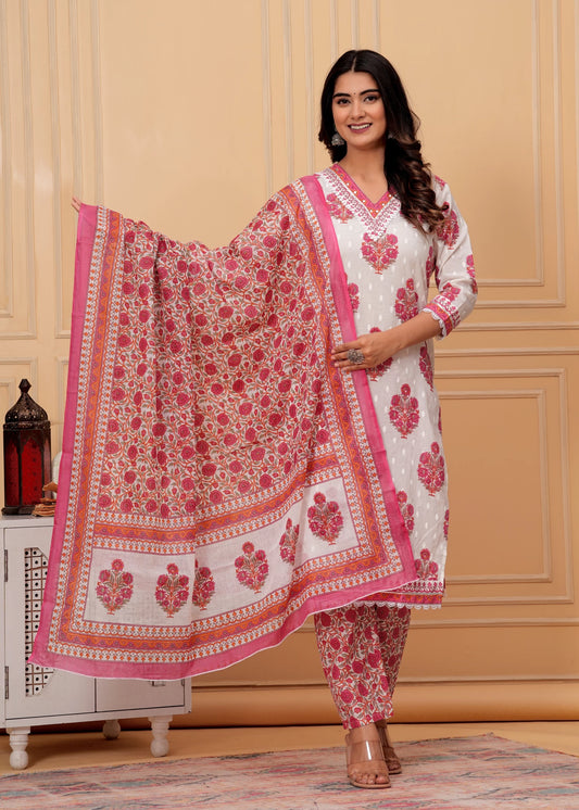 Women Pink Pure Cotton Kurta Pant Dupatta Set