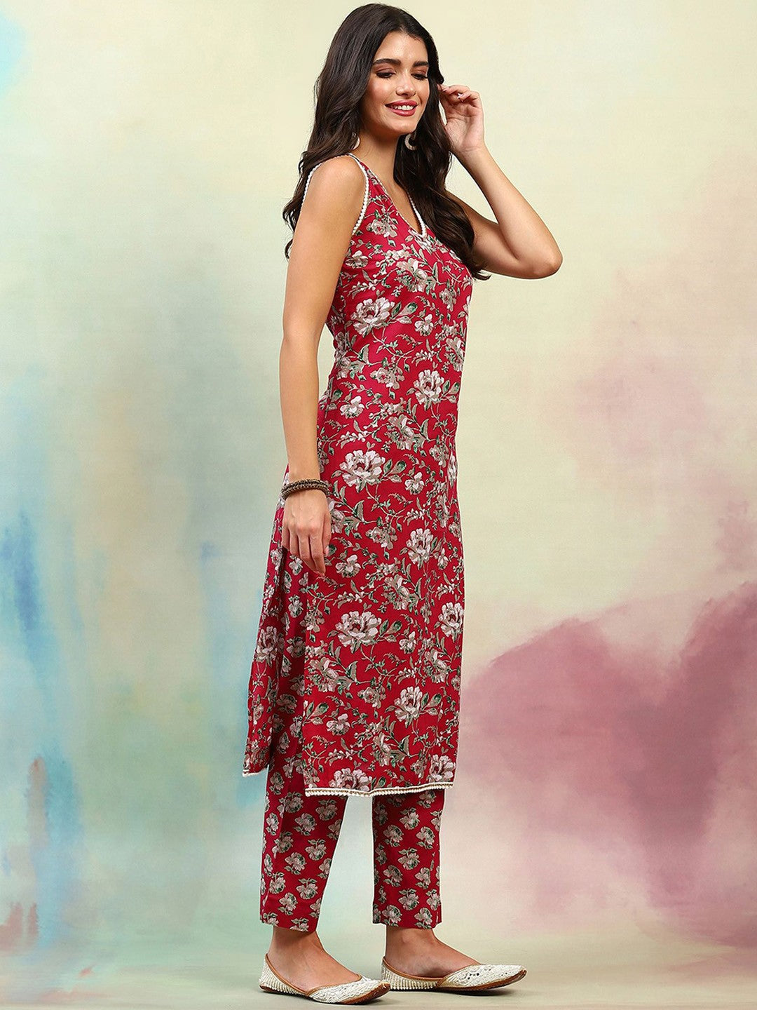 Floral Printed Regular Pure Cotton Straight Kurta with Palazzos & Dupatta