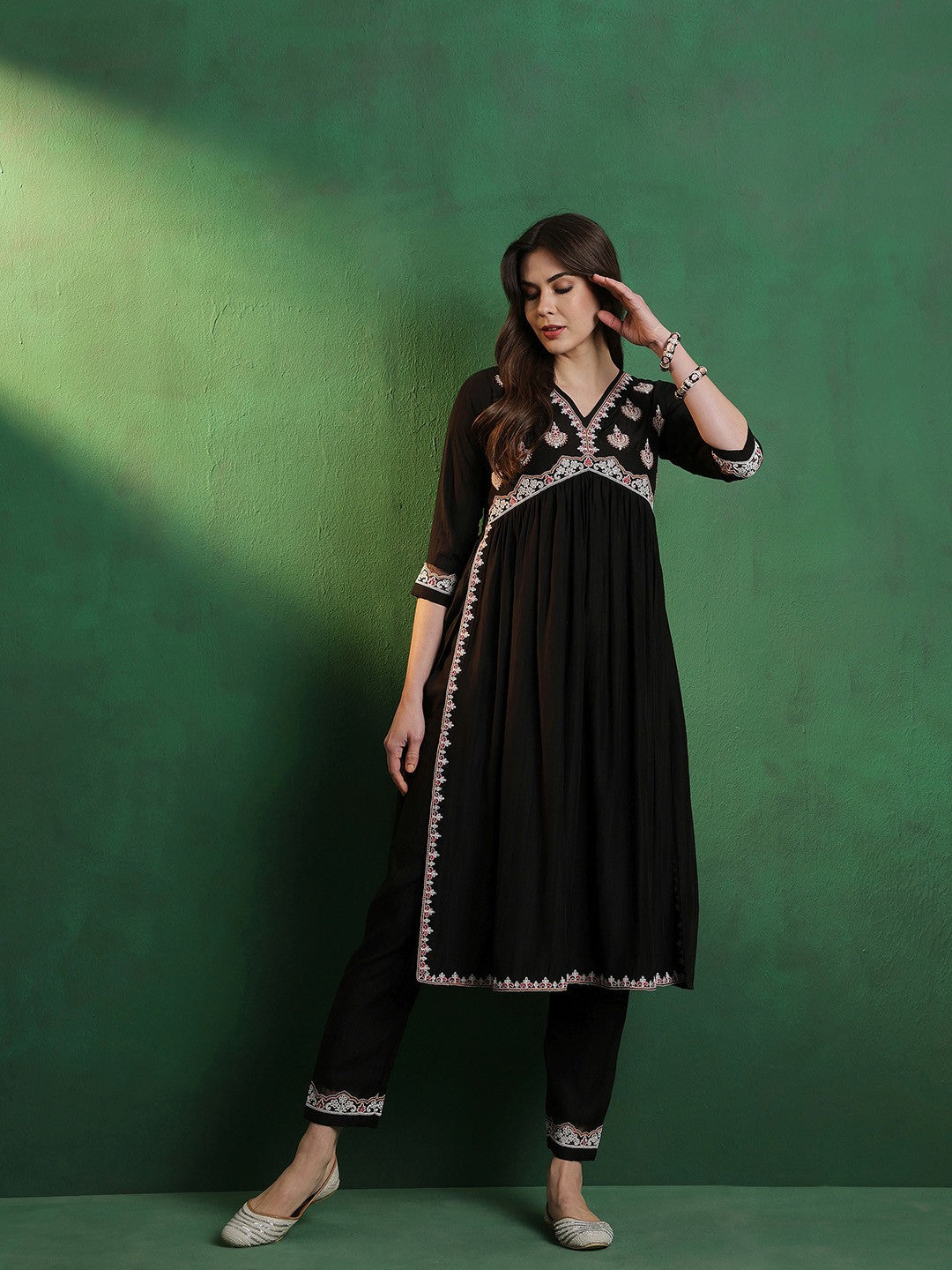 Embroidered Cotton A-Line Kurta With Trouser Set