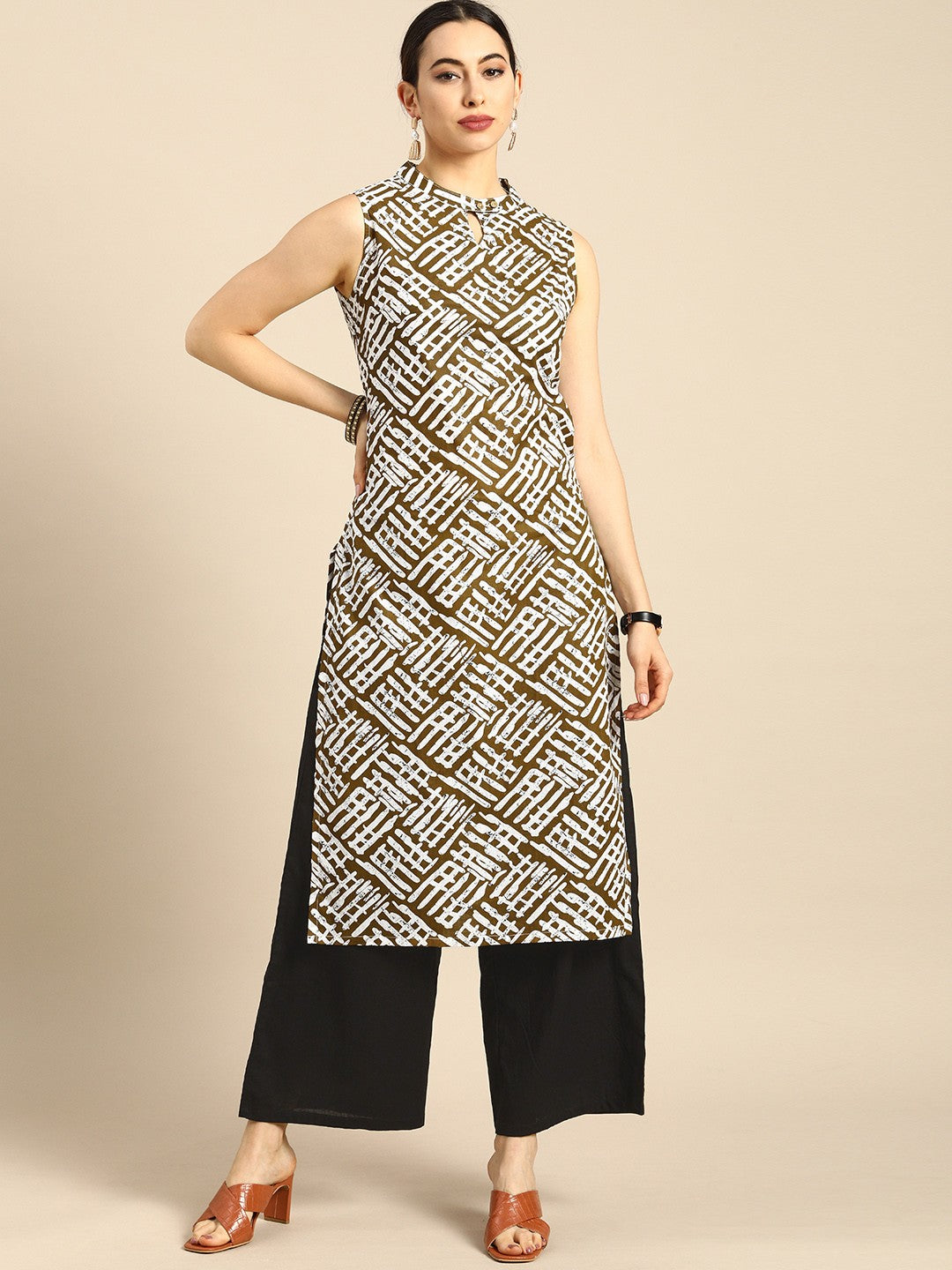 Women Brown And White Printed Keyhole-Neckline Pure Cotton Kurta with Palazzo