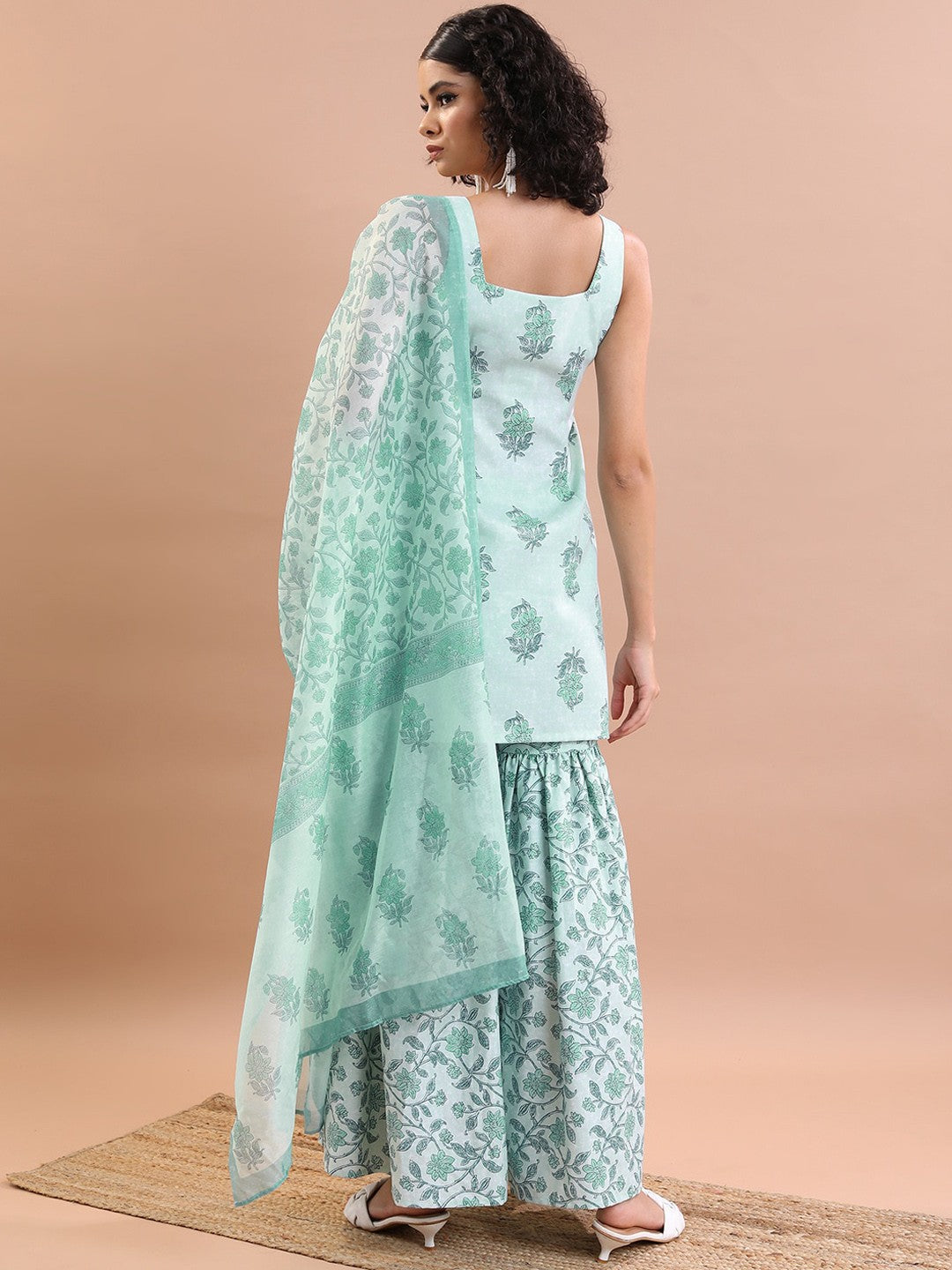 Floral Printed Square Neck Straight Kurta & Sharara With Dupatta