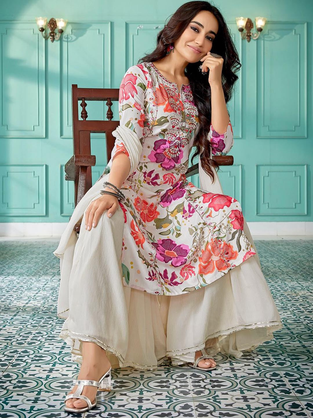 Floral Printed Thread Work Kurta with Sharara & Dupatta