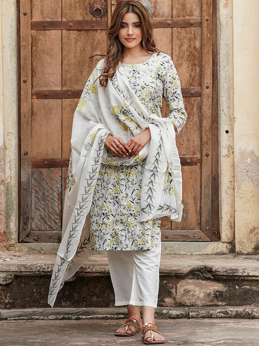 Ethnic Motifs Printed Thread Work Pure Cotton Kurta with Trousers & Dupatta